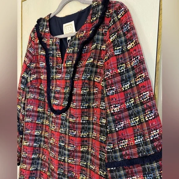SAIL TO SABLE Red Navy Yellow Tartan Tunic Fringe Dress NWT Size Small - Picture 6 of 9